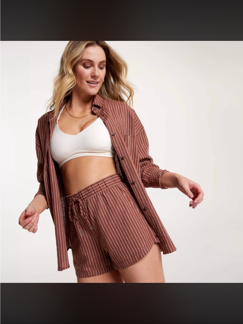 NWT CALIA M Women's Long Sleeve Button Down Cover Up - Yucatan Stripe Cinnamon
